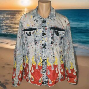 New!! Men's WAIMEA Painted Distressed Acid Wash Jean Jacket Size XL Flames